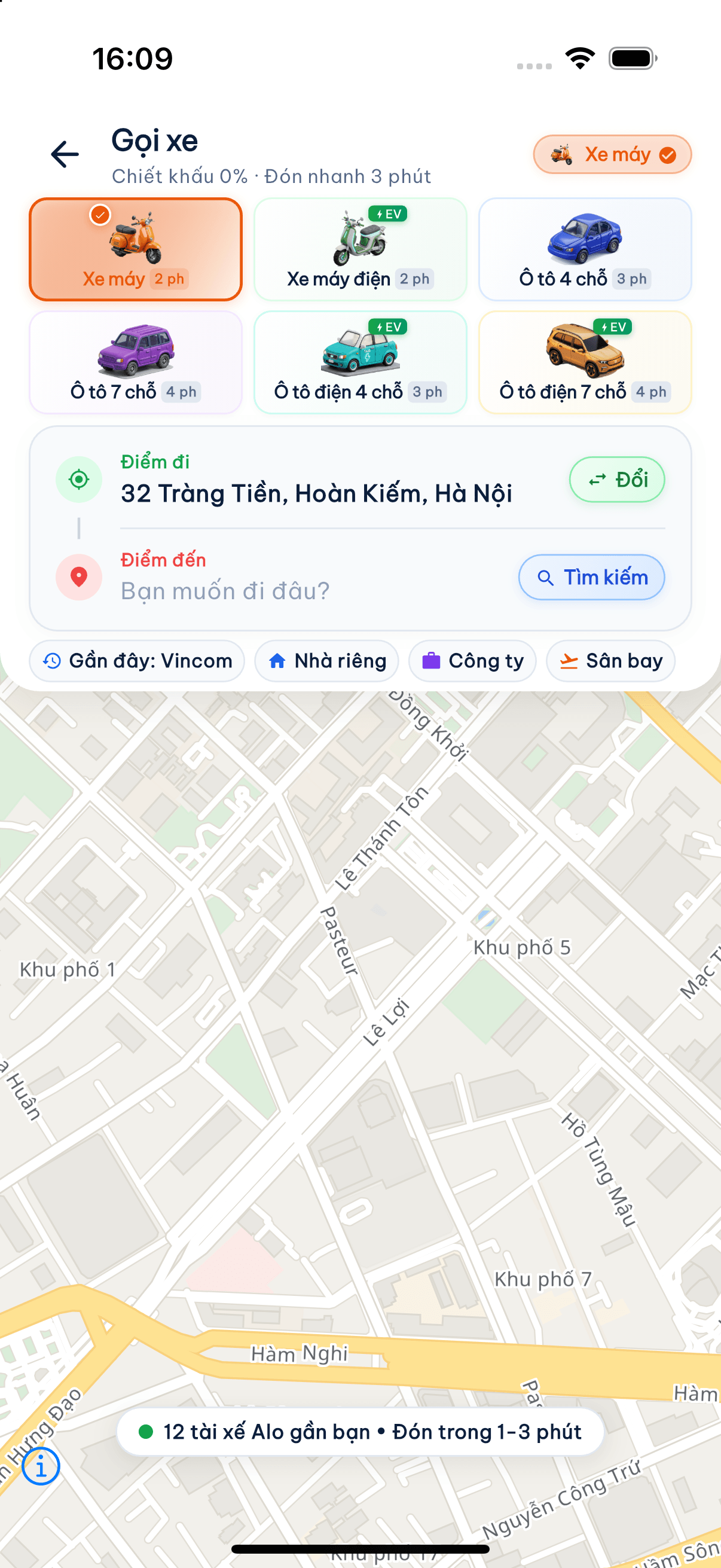 Màn hình đặt xe bản đồ số AloTa trên iPhone 16 Pro