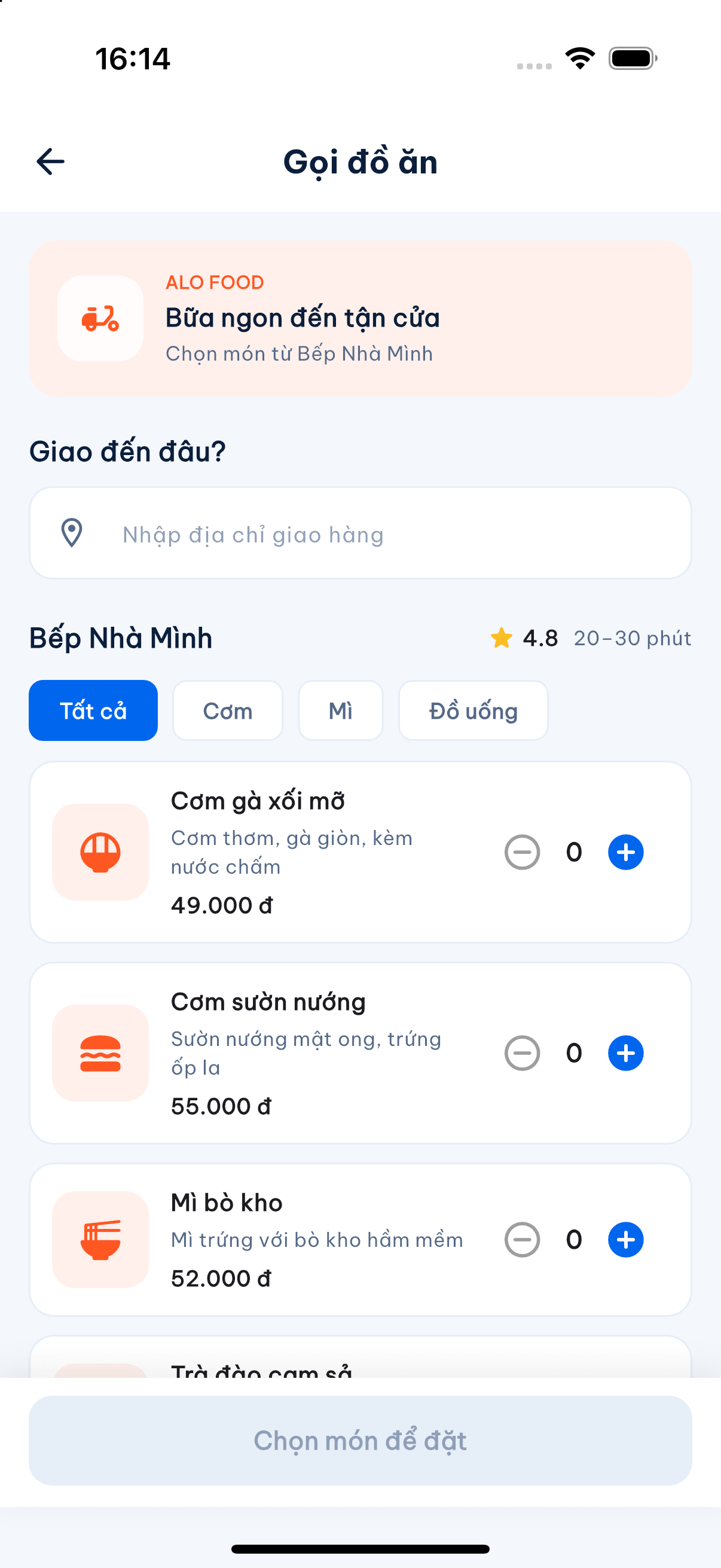 Màn hình đặt đồ ăn Alo Food trên iPhone 16 Pro