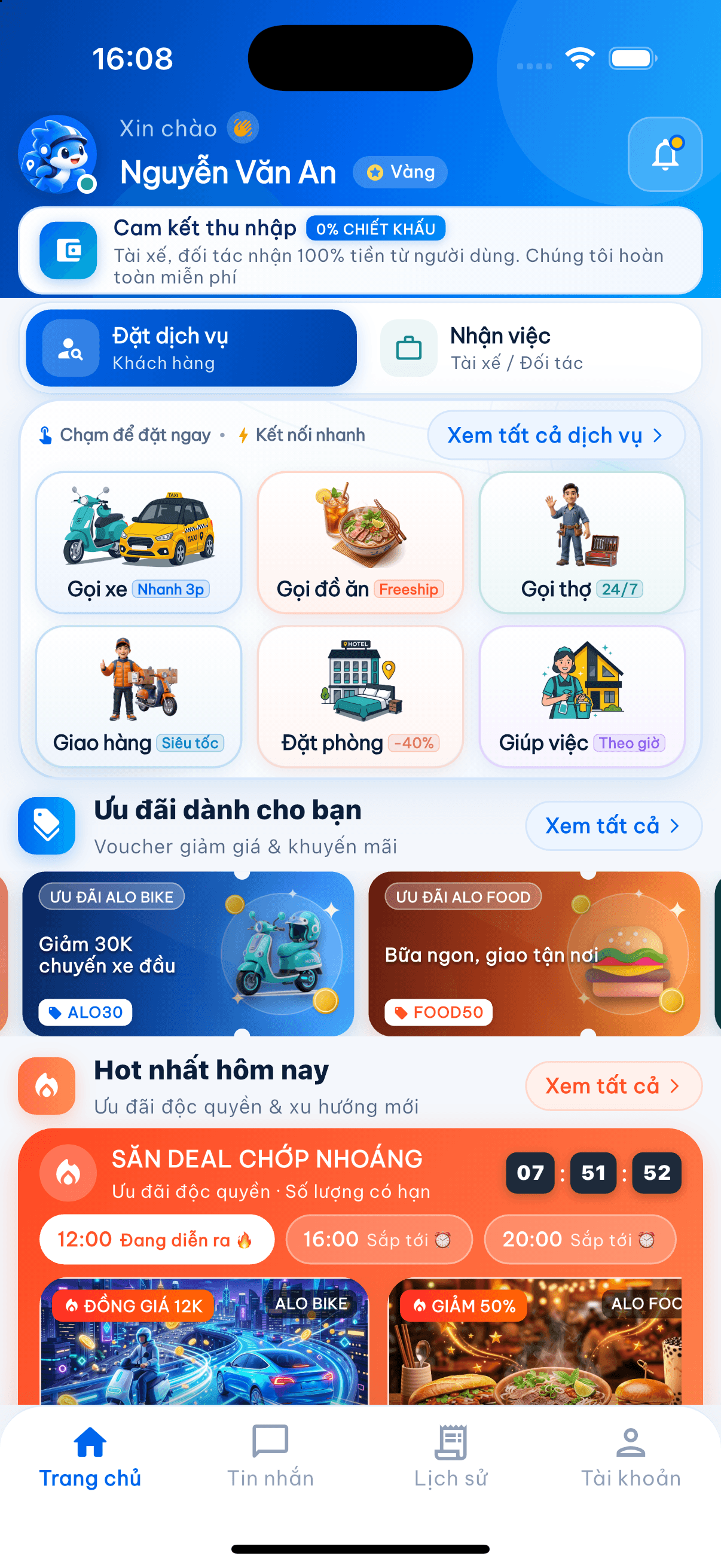 Màn hình trang chủ khách hàng AloTa thực tế trên iPhone 16 Pro